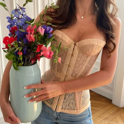 Lace Strapless Corset Bandage Sexy Hollow Out off Shoulder Slim Vest Chic Backless Sleeveless High Street Tops Party Wear